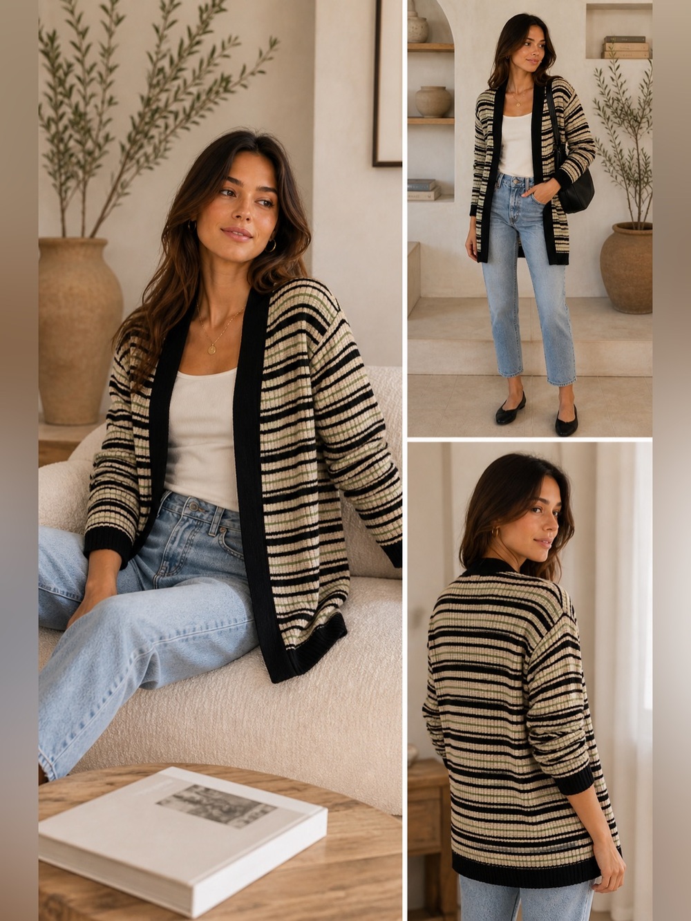 💗 The Odells Ribbed Stripe Cardigan Open Front Longline Knit Size Small Neutral